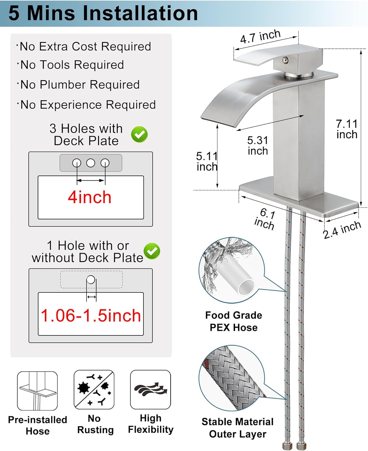 Brushed Nickel Bathroom Faucet Single Handle, Brass Waterfall Bathroom Sink Faucet 1 Hole or 4 Inch 3 Hole Bathroom Faucets with Deck Plate & Pop-up Drain Supply Hose for Lavatory No Splashing