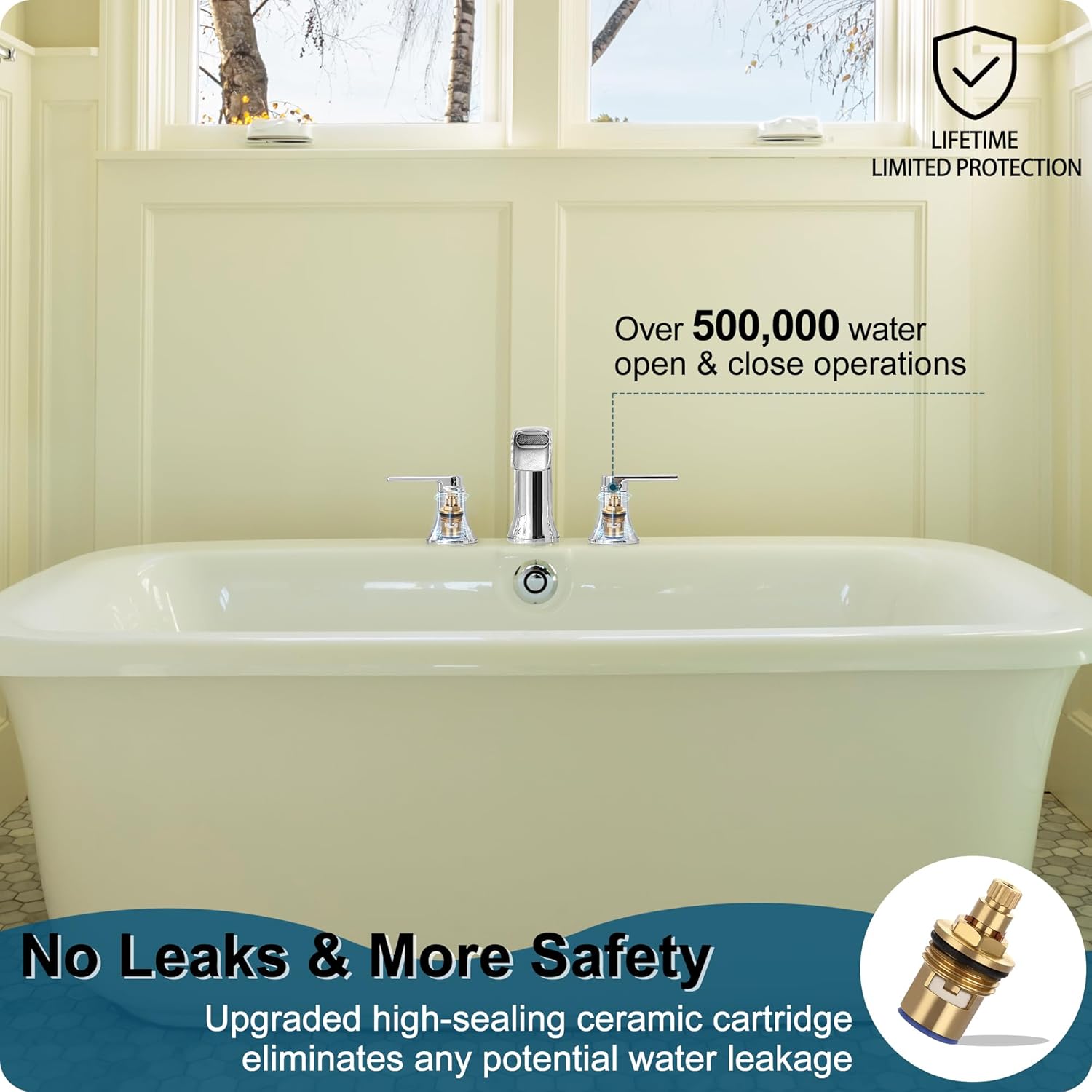 Chrome Deck Mount Tub Faucet 3 Hole, Brass Widespread Waterfall Bathtub Faucet 2 Handle 8-16 Ins Bath Tub Faucets Set High Flow Faucet for Bathtub