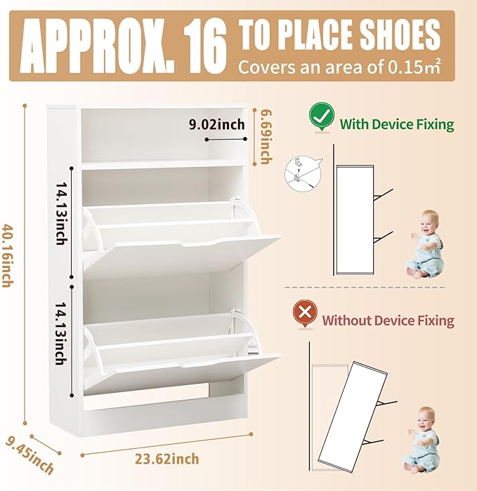 Shoe Cabinet with 2 Flip Drawers, White Freestanding Storage Rack