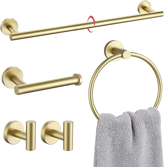 Bathroom Towel Holder Set, 5-Piece Towel Bar Set Brushed Gold Steel Wall Mounted Bathroom Hardware Accessories