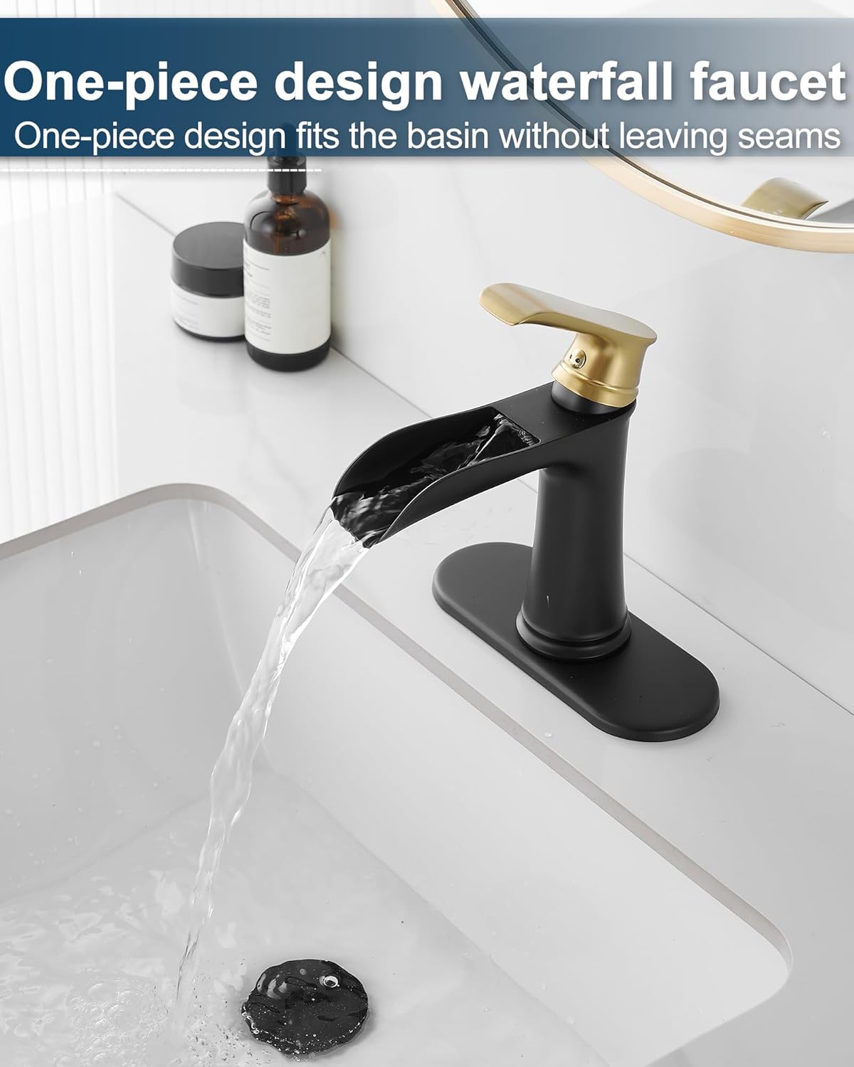 Brass Black and Gold Bathroom Faucet Waterfall, 1 Handle Bathroom Faucets for Sink 1 Hole or 3 Hole (4 Inch) with Drain Supply Hose & Deck Plate
