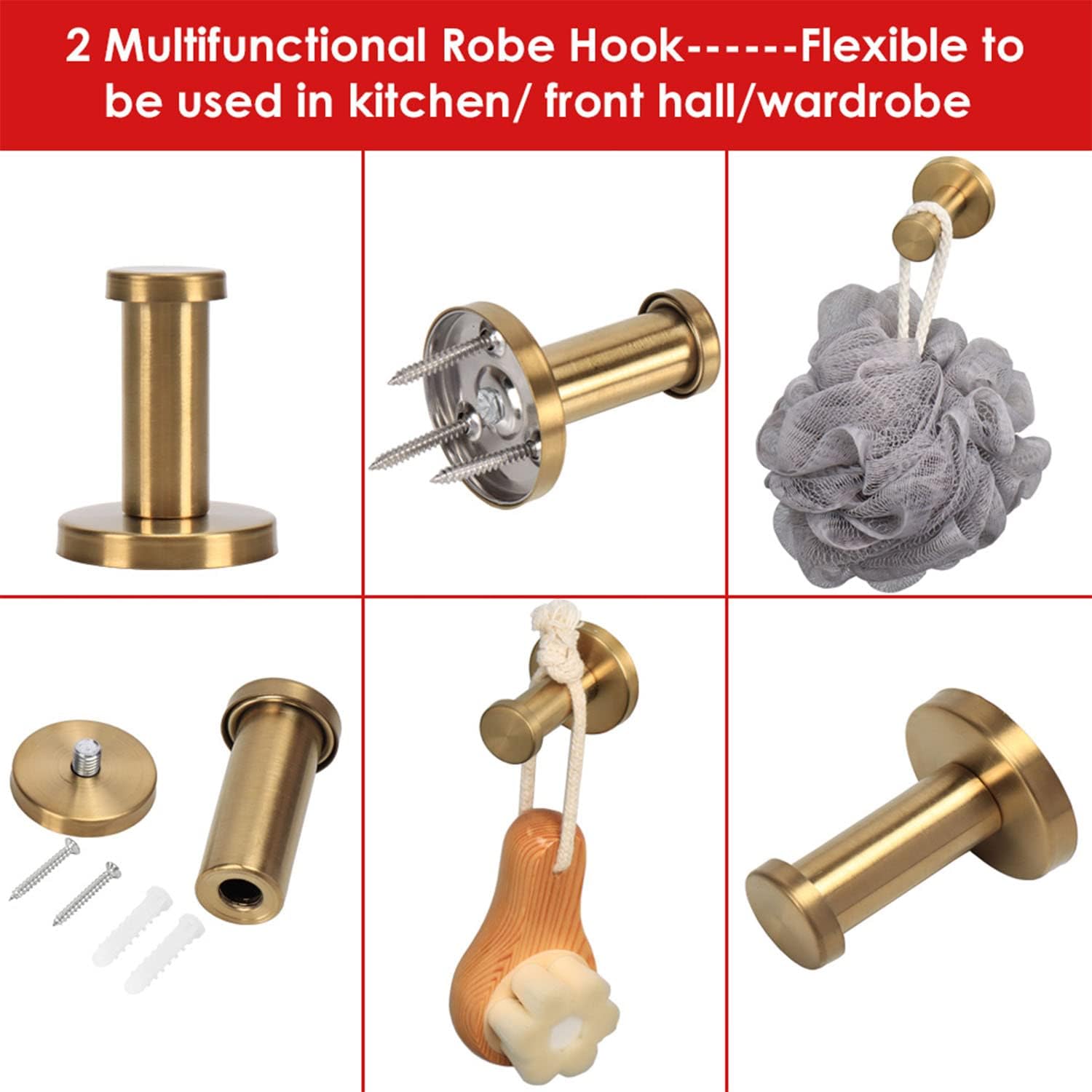 6 Pieces Bathroom Hardware Set 304 Stainless Steel-Towel Rack Set Include Hand Towel Bar+Toilet Paper Holder+4 Robe Towel Hooks Bathroom Accessory Towel Bar Set (Gold, 24IN)