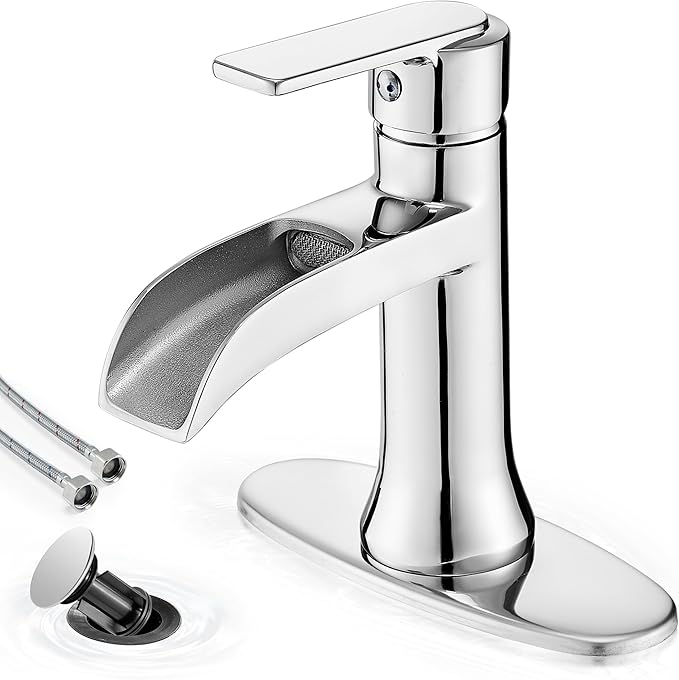 Waterfall Bathroom Sink Faucet Chrome, Brass 4 Inch Bathroom Faucet 3 Hole or 1 Hole, Single Handle Bathroom Faucets with Pop-up Drain & Deck Plate