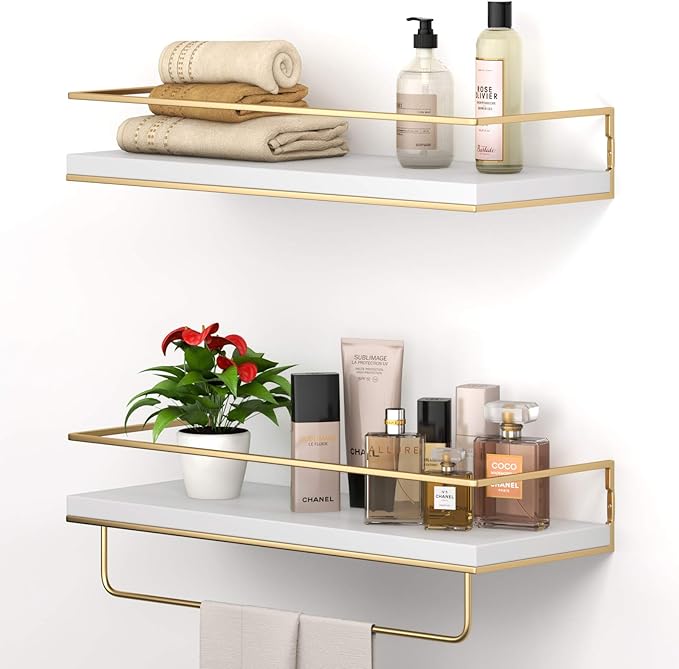 White Floating Shelves - Set of 2, Wall Mounted Hanging Shelves with Golden Towel Rack, Decorative Storage Shelves