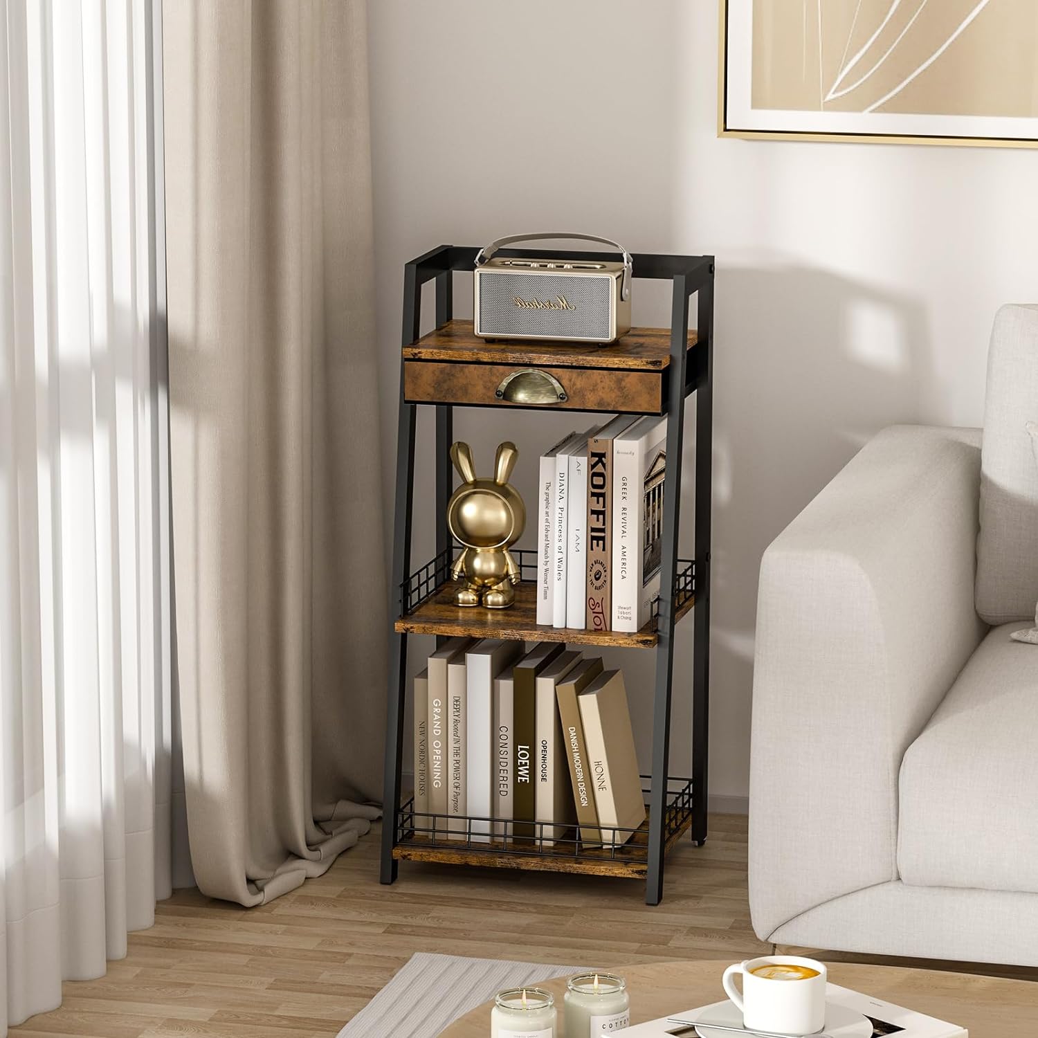 3-Tier Bathroom Ladder Shelf, Bathroom Floor Storage Shelf with Drawer, Freestanding Tower Shelf