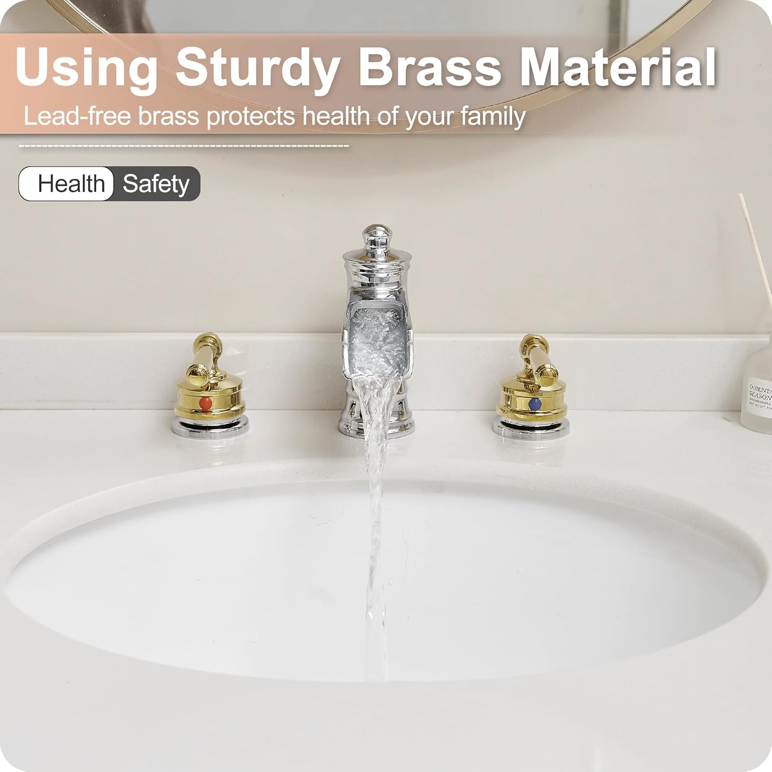 3 Hole Bathroom Faucet, Brass Waterfall Bathroom Sink Faucet, Chrome Gold 4-16 Inch Bathroom Faucets, 2 Handle Bathroom Widespread Faucet with Pop-up Drain & Supply Hoses, Unique, Lifetime Use