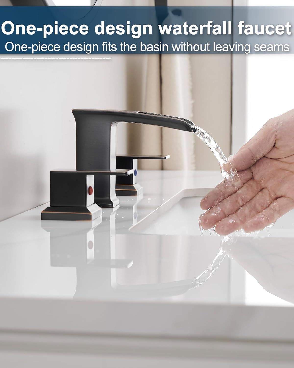 Brass Waterfall Faucet, 4-16 Inch Oil Rubbed Bronze Bathroom Faucet 2 Handles Widespread Bathroom Faucets 3 Hole, Bathroom Sink Faucet with Water Hoses & Pop-Up Drain for Lavatory Farmhouse