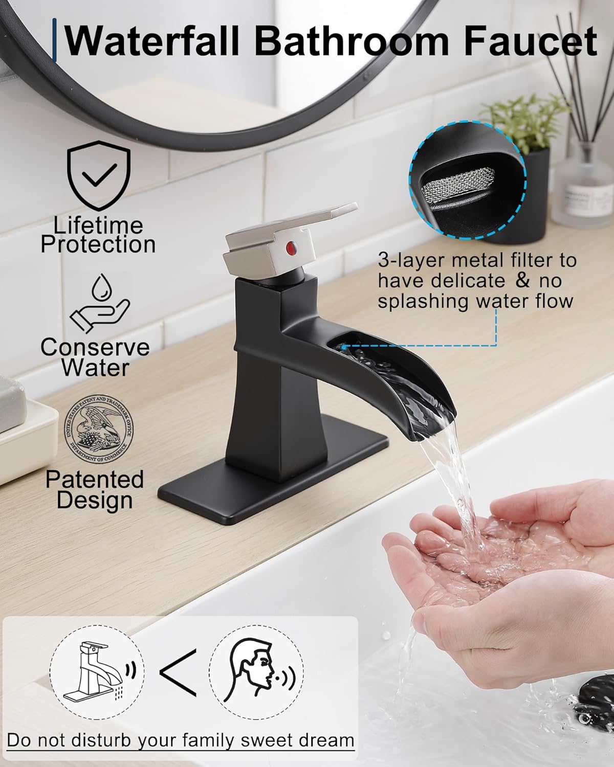 Brass Waterfall Faucet, Nickel and Black Bathroom Faucet, 1 Handle Bathroom Sink Faucets 1 Hole or 3 Hole (4 Inch) with Hoses Drain & Deck Plate