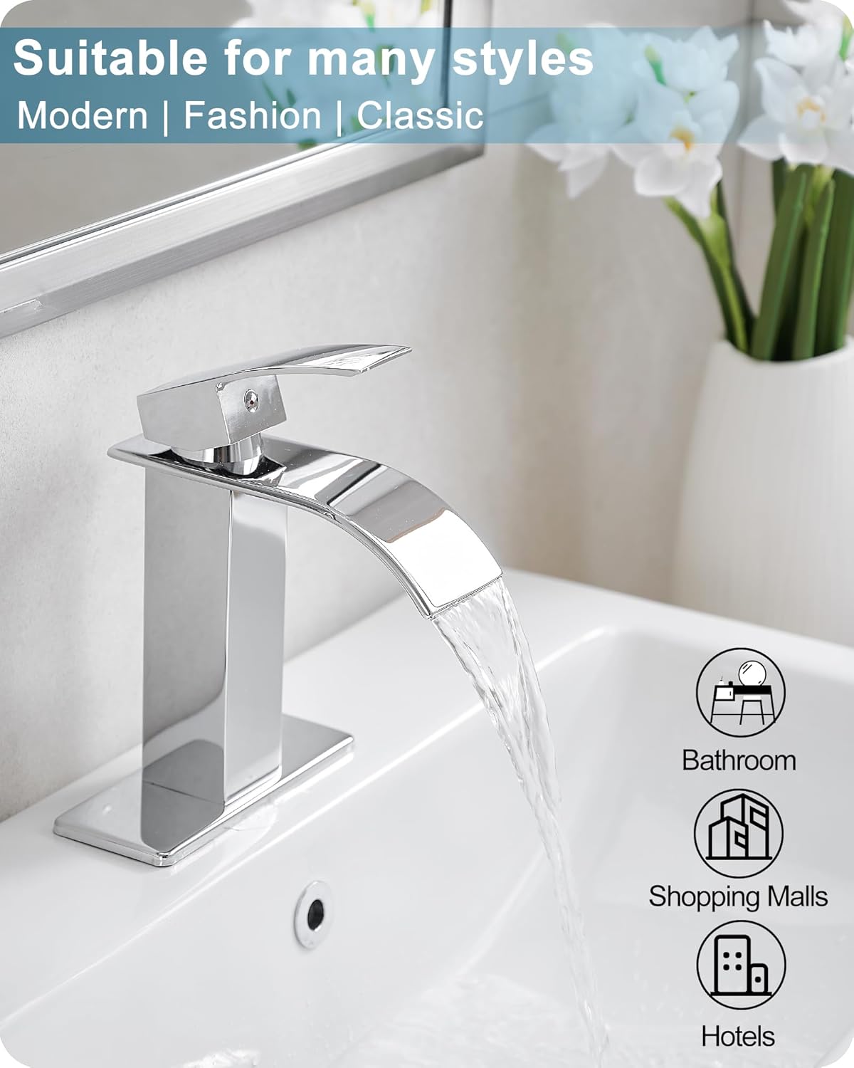 Bathroom Waterfall Faucet, Brass Chrome Bathroom Faucet Single Hole or 3 Hole (4 Inch) Bathroom Faucets Single Handle with Deck Plate & Pop-Up Drain Water Hoses for Apartment 5 Mins Installation