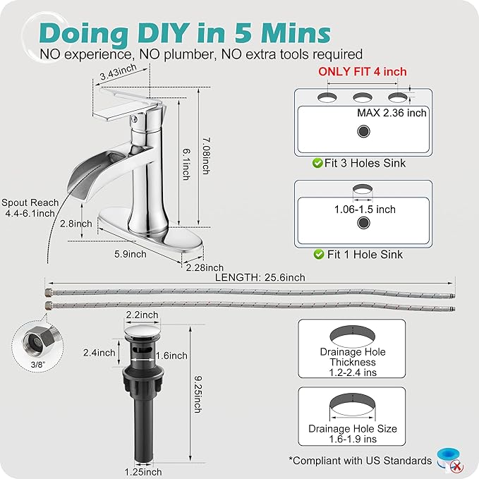 Waterfall Bathroom Sink Faucet Chrome, Brass 4 Inch Bathroom Faucet 3 Hole or 1 Hole, Single Handle Bathroom Faucets with Pop-up Drain & Deck Plate