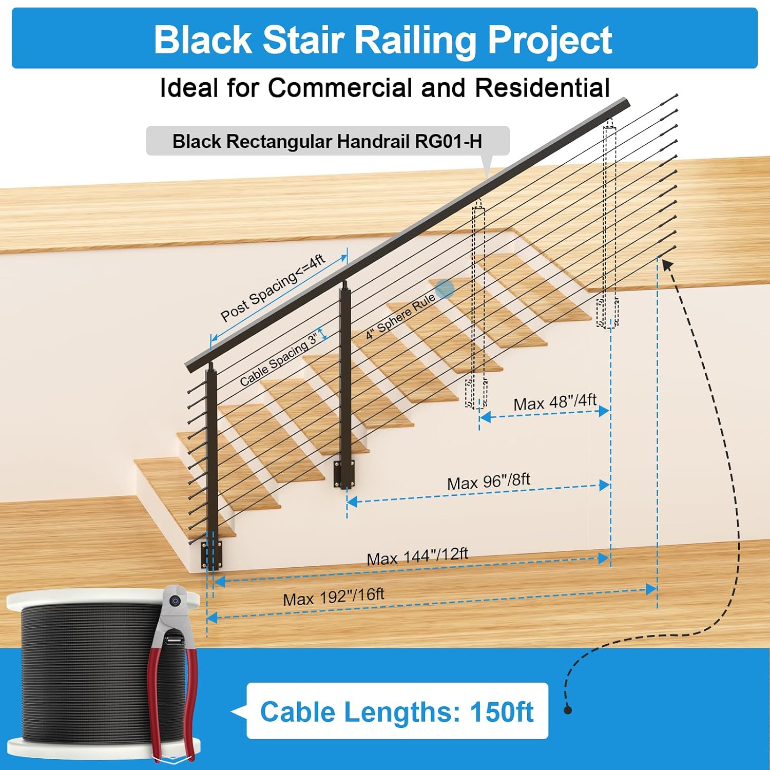 Handrail Vertical Pivot Connector and 36" Side Mount Stair Railing Post, Stainless Steel Right Side