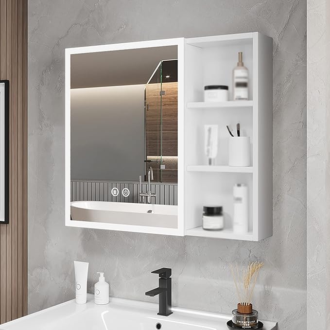 Bathroom Mirror Cabinet with Light White Wall-Mounted Mirror Cabinet