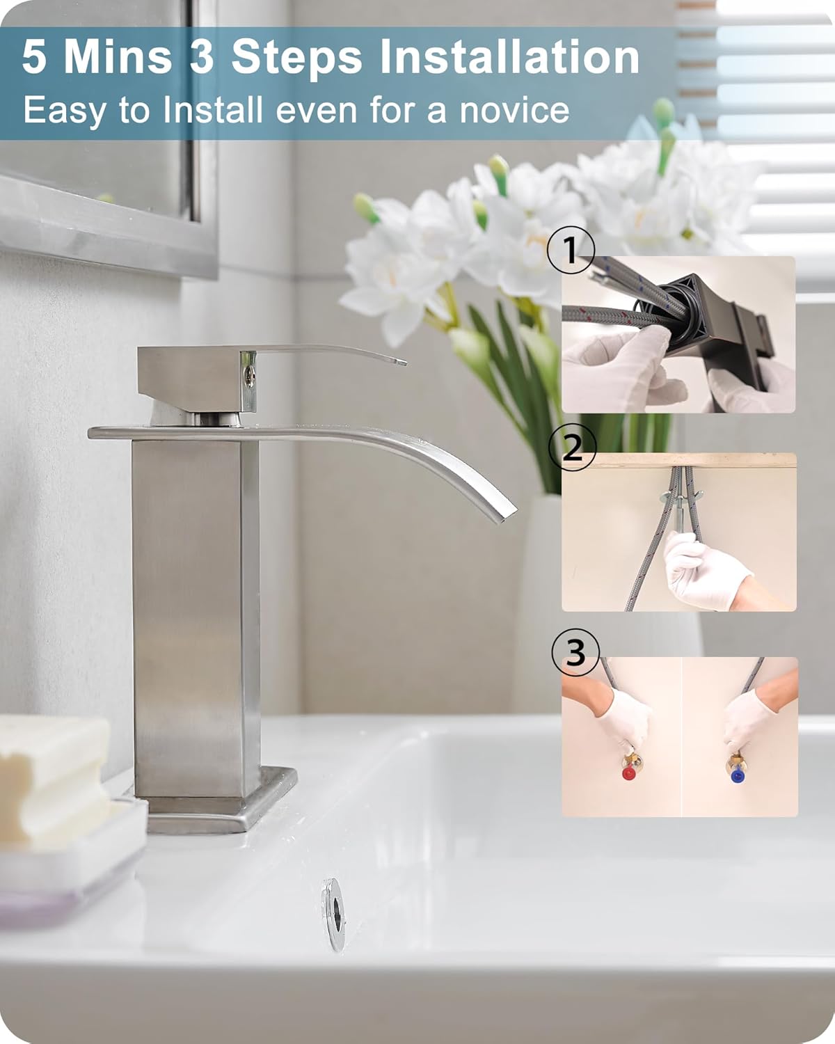 Brushed Nickel Bathroom Faucet Single Handle, Brass Waterfall Bathroom Sink Faucet 1 Hole or 4 Inch 3 Hole Bathroom Faucets with Deck Plate & Pop-up Drain Supply Hose for Lavatory No Splashing