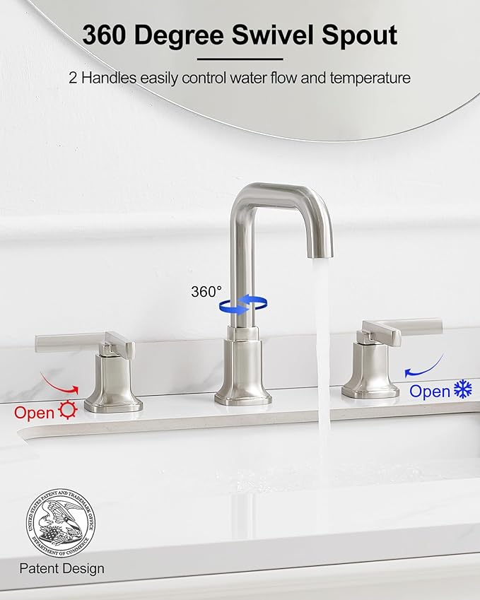8 Inch Widespread Bathroom Faucet Brushed Nickel Bathroom Sink Faucet 3 Hole, 360 Degree Swivel Bathroom Faucets for Sink, 2 Handles Bath Faucet with Pop-Up Drain, 5 Mins Easy Installation