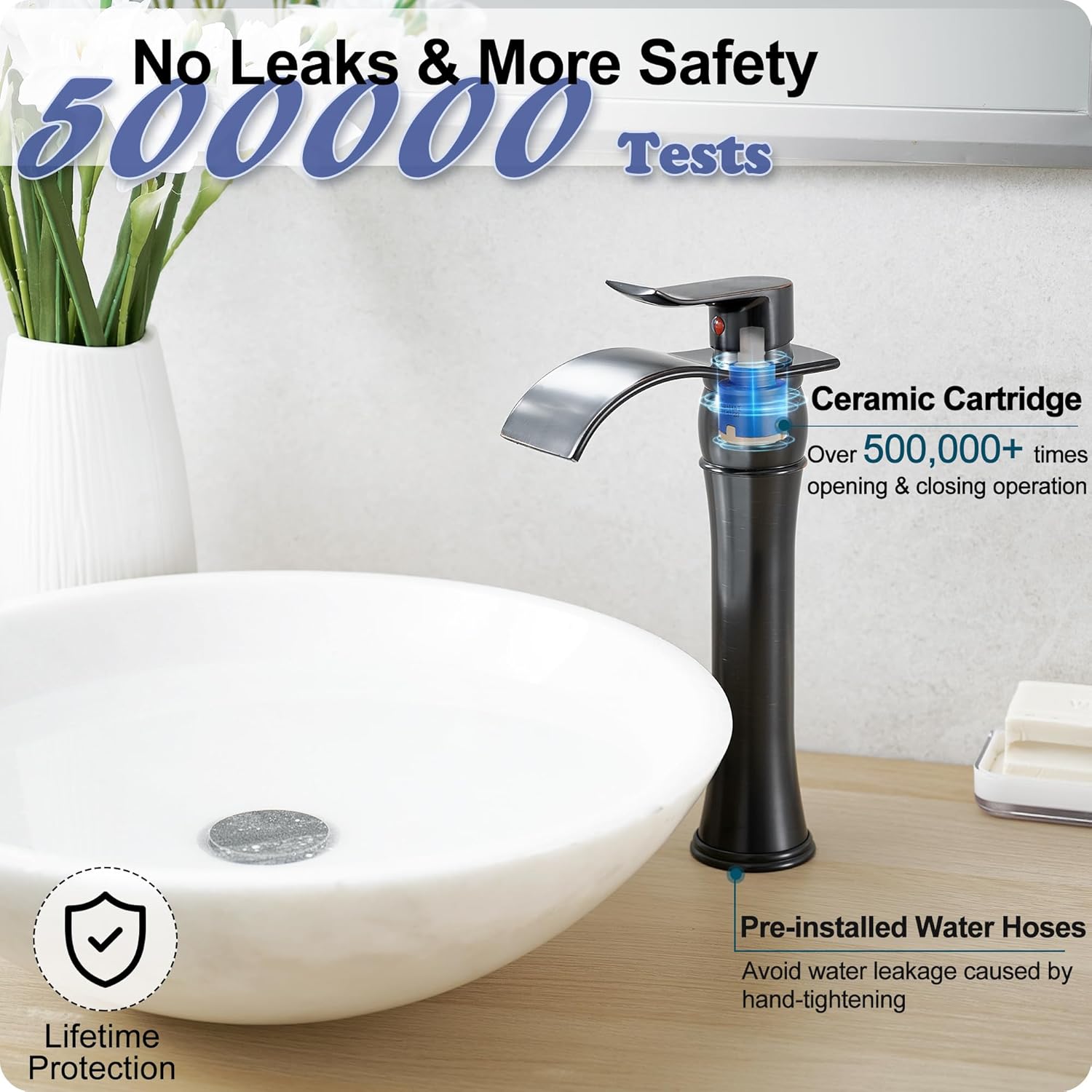 Vessel Sink Faucet Oil Rubbed Bronze, Brass Tall Bathroom Faucet Waterfall 1 Hole, Bathroom Faucets Single Handle Bathroom Sink Faucet Bronze with Pop-Up Drain & Water Hoses for Farmhouse