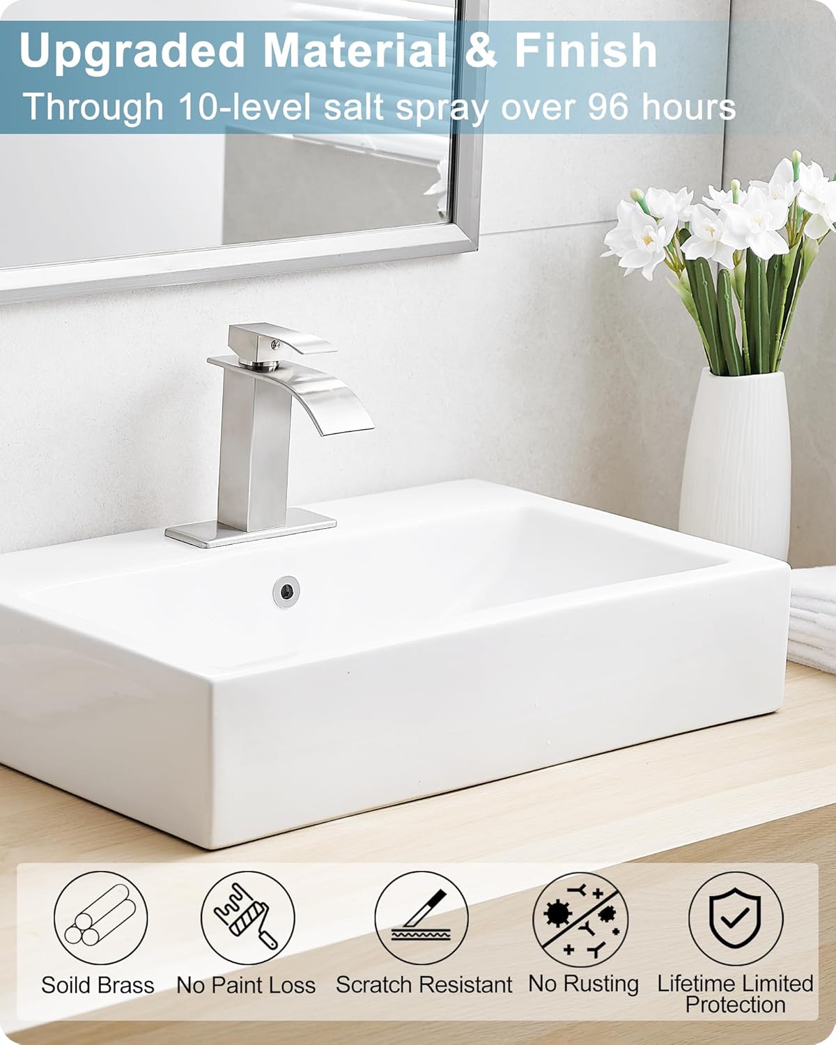 Brushed Nickel Bathroom Faucet Single Handle, Brass Waterfall Bathroom Sink Faucet 1 Hole or 4 Inch 3 Hole Bathroom Faucets with Deck Plate & Pop-up Drain Supply Hose for Lavatory No Splashing