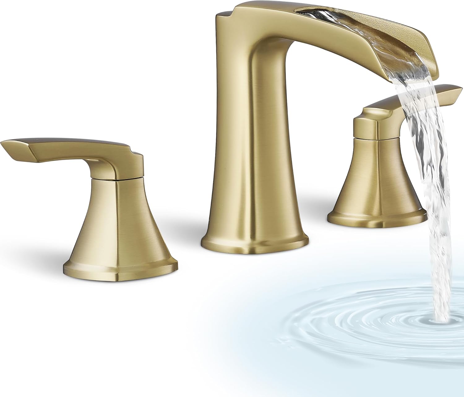 Brass Waterfall Tub Faucet Brushed Gold Bathtub Faucet Set, 3 Hole High Flow Roman Tub Faucet, 6-16 Inch Widespread Deck Mount Tub Faucets 2 Handle with Supply Water Hoses Quick Installation