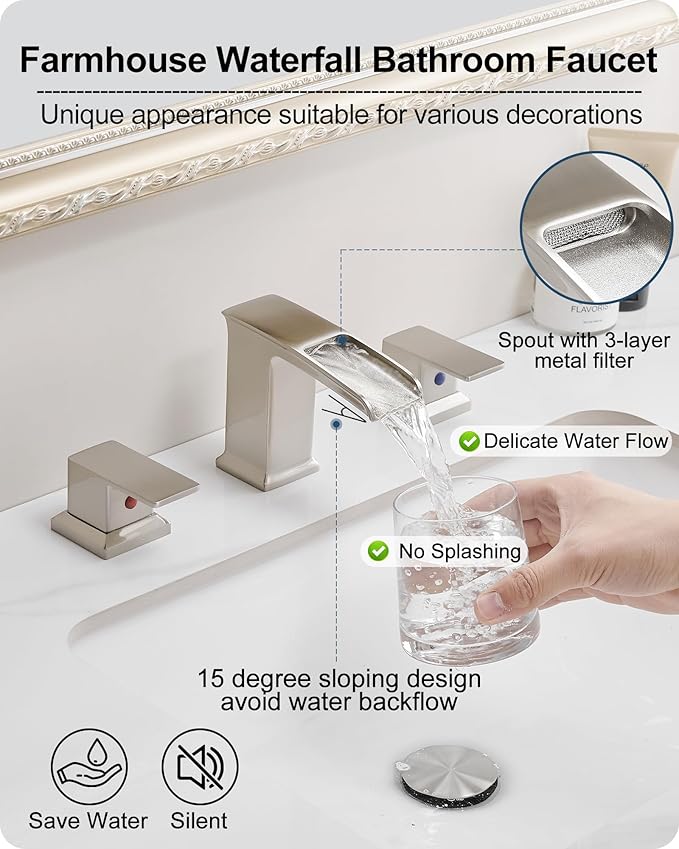 Bathroom Waterfall Faucet, Brass 4-16 Inch Brushed Nickel Faucet Bathroom Widespread 2 Handles Bathroom Sink Faucets 3 Hole with Hoses & Drain