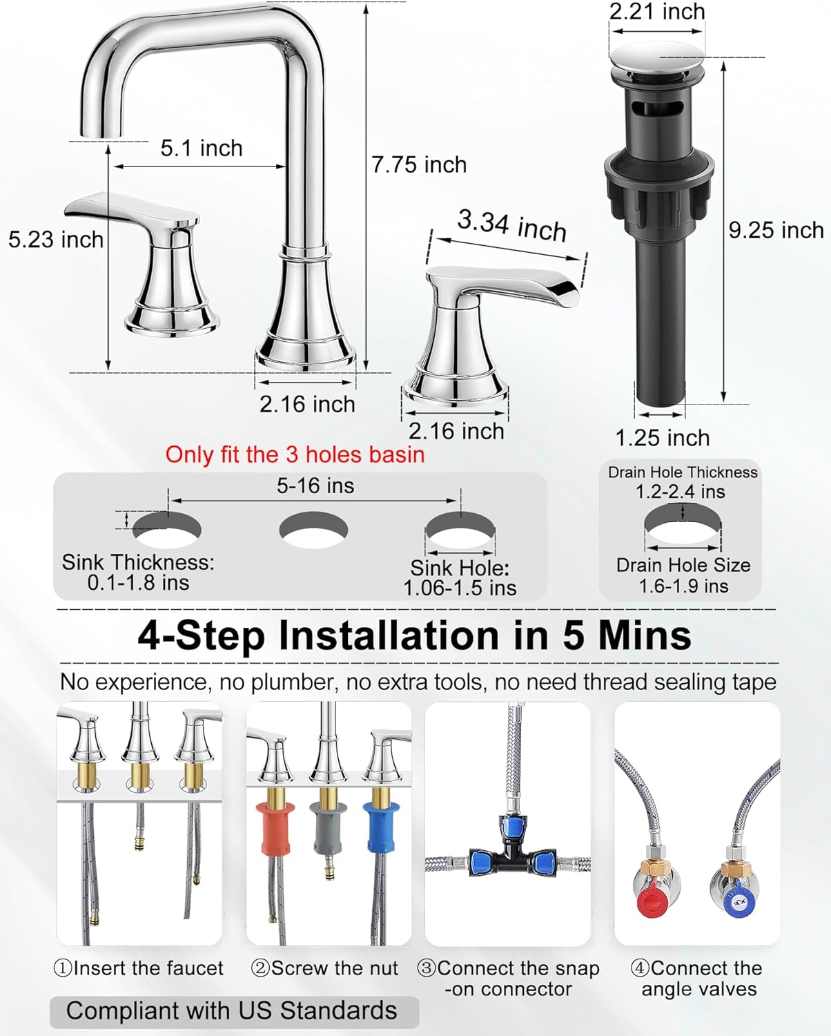 Chrome Bathroom Faucet Widespread, Sink Faucet Bathroom 3 Hole, 360 Degree Swivel Bathroom Sink Faucets 6-16 Inch, 2 Handles Bath Faucets for Sink with Water Supply Hose & Pop-Up Drain Lead-Free
