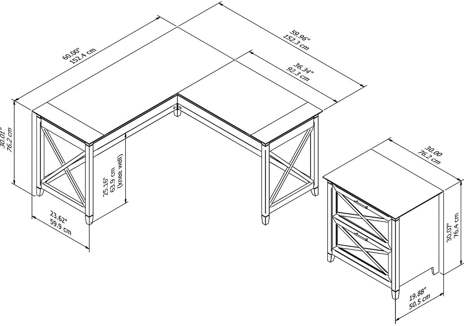 60W L Shaped Desk with 2 Drawer Mobile File Cabinet and 5 Shelf Bookcase