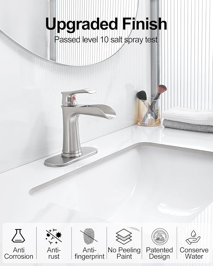 Waterfall Bathroom Faucet, Brass Brushed Nickel Bathroom Faucets, Single Handle Bathroom Sink Faucet, 4 Inch Vanity Faucet 1 Hole or 3 Holes with Drain Deck Plate & Supply Hoses for RV Lavatory