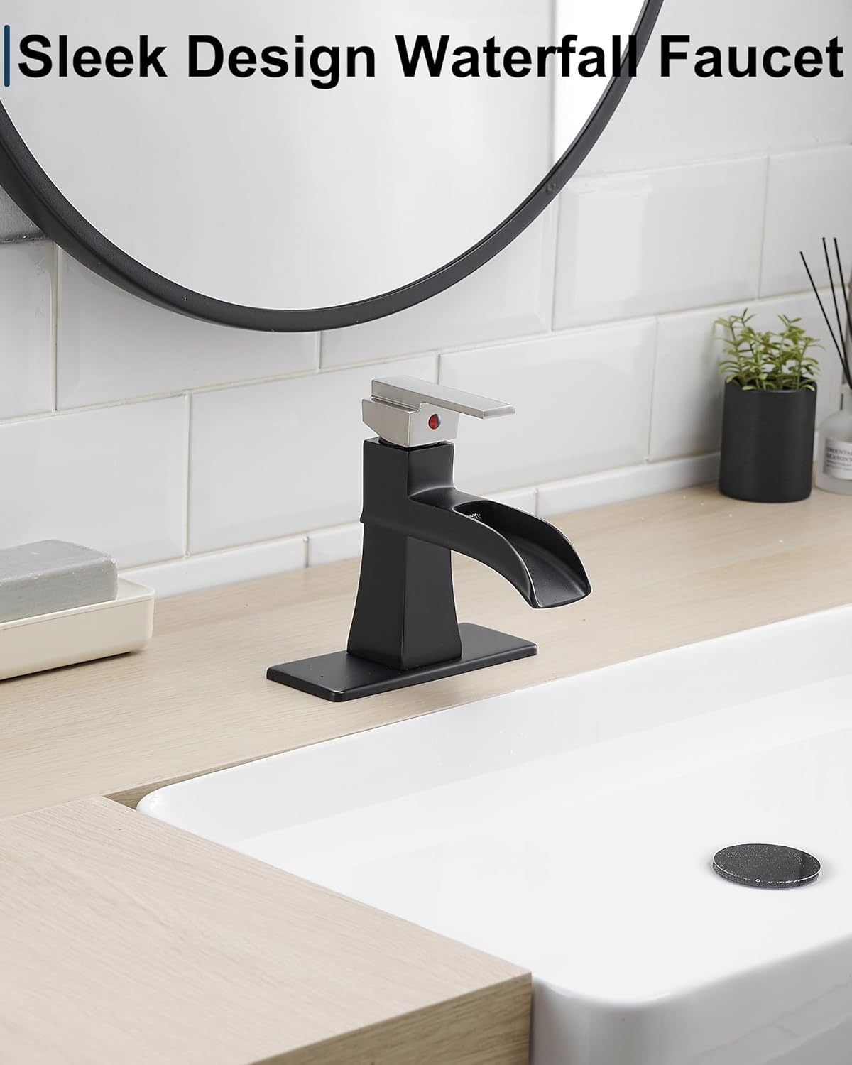 Brass Waterfall Faucet, Nickel and Black Bathroom Faucet, 1 Handle Bathroom Sink Faucets 1 Hole or 3 Hole (4 Inch) with Hoses Drain & Deck Plate