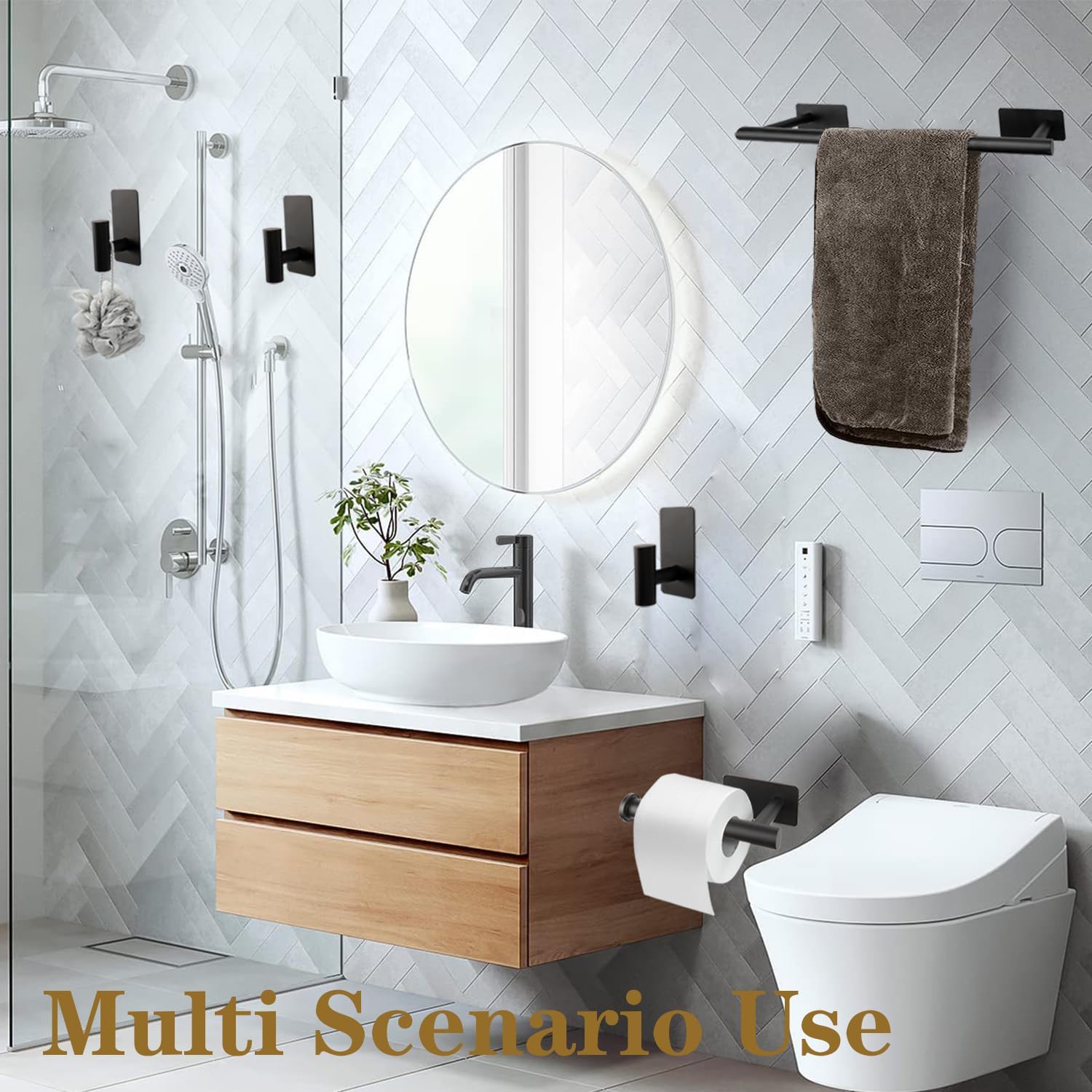 5 PCS Self Adhesive Bathroom Hardware Set, Stainless Steel Towel Rack Set Include 16In Bath Towel Bar+Toilet Paper Holder+3 Towel/Robe Hooks No Drill Bathroom Accessory Kit(Matte Black)