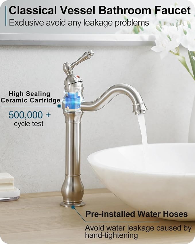 Single Handle Bathroom Faucet Brushed Nickel, Brass Vessel Sink Faucet 360 Degree Swivel Tall Bathroom Sink Faucet 1 Hole, Bathroom Faucets with Pop-up Drain & Aerator for Hotels Modern No Noise