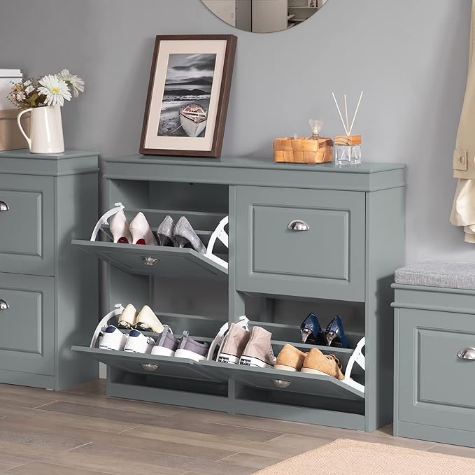 Grey Shoe Cabinet and Shoe Bench
