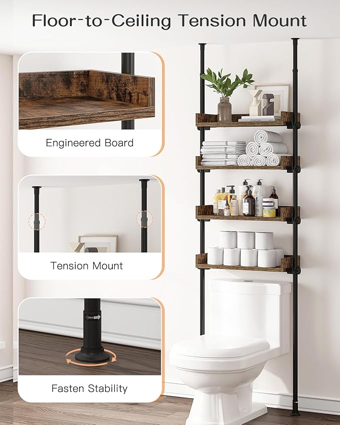 Bathroom Organizer, Over The Toilet Storage, 4-Tier Adjustable Wood Shelves for Small Rooms, Saver Space Rack
