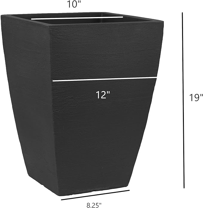 Modern Square Garden Planter, 19-Inches Tall, Black