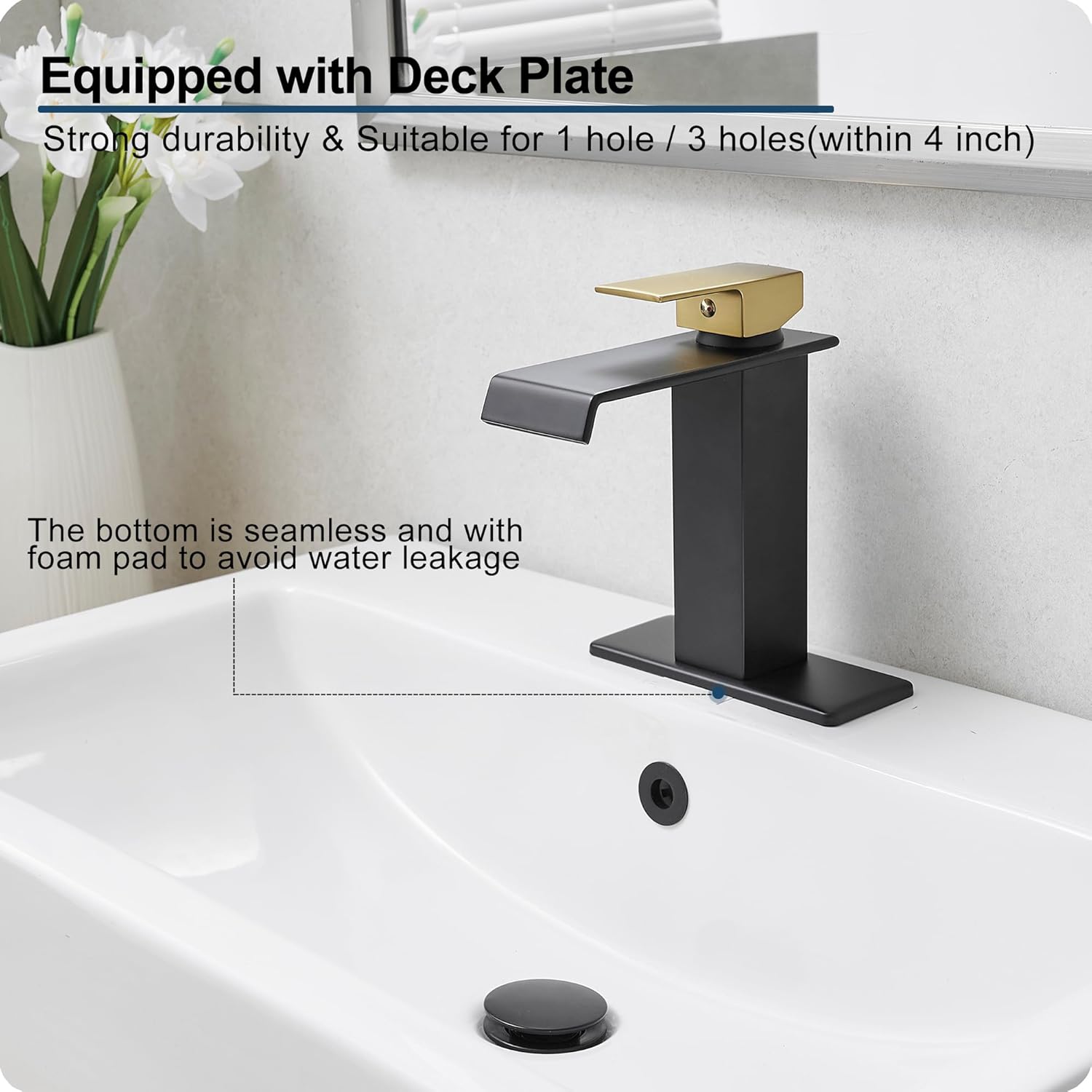Black and Gold Bathroom Faucet Waterfall, Brass Bathroom Sink Faucet Single Handle, Bathroom Faucets One Hole or 3 Hole Bathroom Sink Faucets with Deck Plate & Pop-up Drain for Shopping Malls