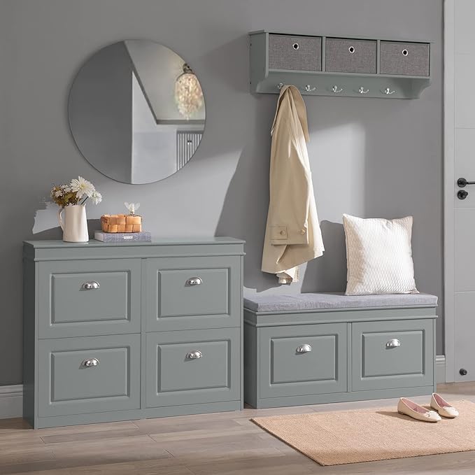 Grey Shoe Cabinet and Shoe Bench