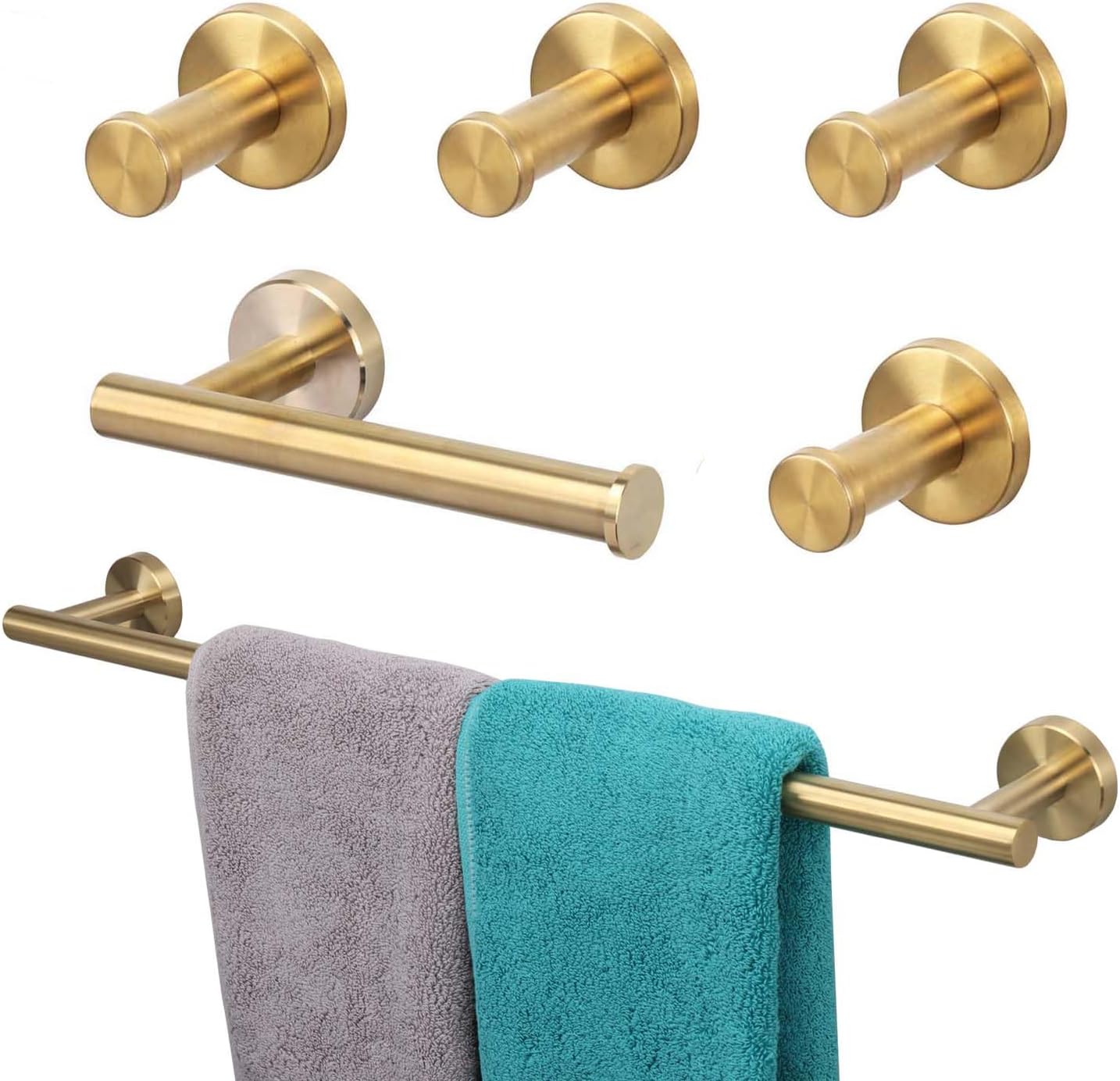 6 Pieces Bathroom Hardware Set 304 Stainless Steel-Towel Rack Set Include Hand Towel Bar+Toilet Paper Holder+4 Robe Towel Hooks Bathroom Accessory Towel Bar Set (Gold, 24IN)