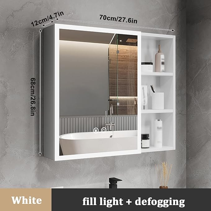 Bathroom Mirror Cabinet with Light White Wall-Mounted Mirror Cabinet