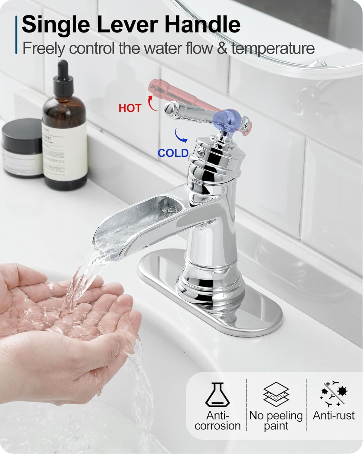 Bathroom Waterfall Faucet, Brass Chrome Bathroom Faucet, Bathroom Sink Faucet One Hole, 3 Hole (4 Inch) Bathroom Faucets Single Handle with Drain Deck Plate Supply Hoses for Lavatory Vanity