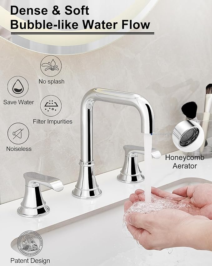 Chrome Bathroom Faucet Widespread, Sink Faucet Bathroom 3 Hole, 360 Degree Swivel Bathroom Sink Faucets 6-16 Inch, 2 Handles Bath Faucets for Sink with Water Supply Hose & Pop-Up Drain Lead-Free