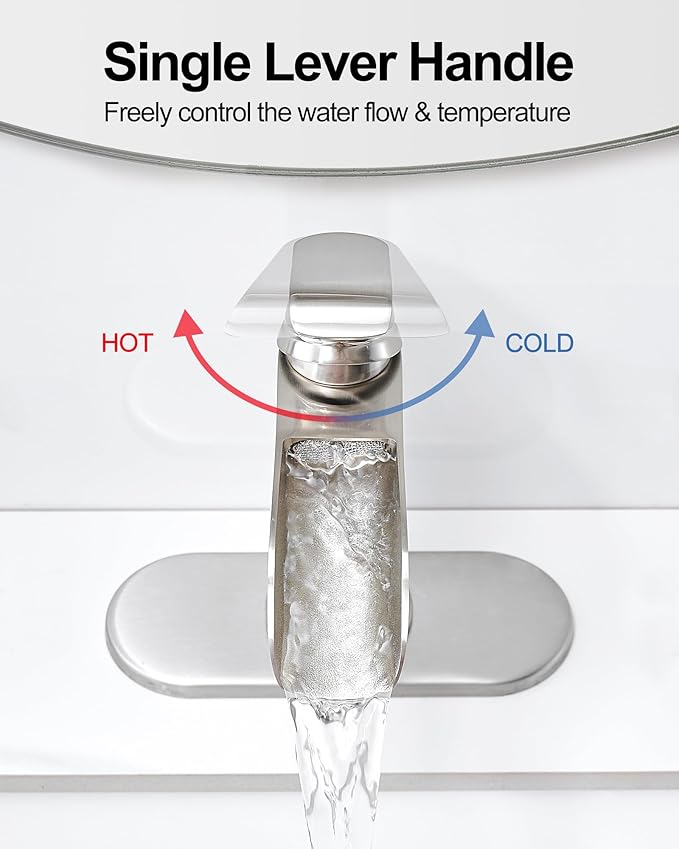 Waterfall Bathroom Faucet, Brass Brushed Nickel Bathroom Faucets, Single Handle Bathroom Sink Faucet, 4 Inch Vanity Faucet 1 Hole or 3 Holes with Drain Deck Plate & Supply Hoses for RV Lavatory