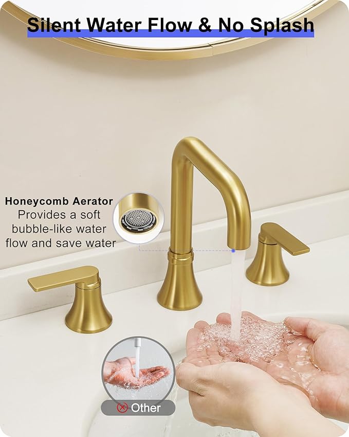 Brushed Gold Bathroom Faucet Widespread 4-16 Inch Sink Faucet Bathroom 3 Hole, 360 Degree Swivel Bathroom Faucets for Sink, Faucet for Bathroom Sink with 2 Handles & Pop-Up Drain Saving Water