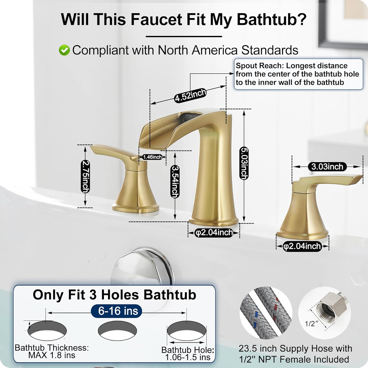Brass Waterfall Tub Faucet Brushed Gold Bathtub Faucet Set, 3 Hole High Flow Roman Tub Faucet, 6-16 Inch Widespread Deck Mount Tub Faucets 2 Handle with Supply Water Hoses Quick Installation