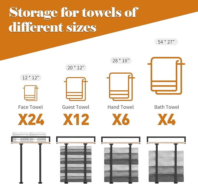 Metal Towel Holder with Wooden Shelf for Folding Large Towels, Towel Storage for Small Bathroom Organizer