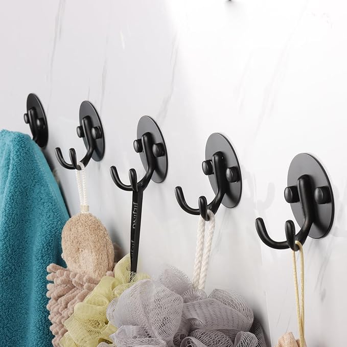 Bath Towel Hooks, 10 Pack Double Strong Coat Hooks, Sturdy Wall Mounted Robe Hook, SUS 304 Stainless Steel Heavy Duty Towel Hanger, Wall Hooks for Bathroom Bedroom Kitchen (3 in, Black)