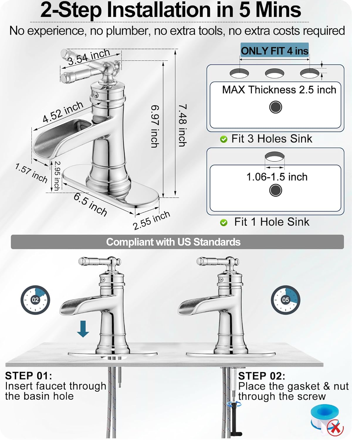 Bathroom Waterfall Faucet, Brass Chrome Bathroom Faucet, Bathroom Sink Faucet One Hole, 3 Hole (4 Inch) Bathroom Faucets Single Handle with Drain Deck Plate Supply Hoses for Lavatory Vanity