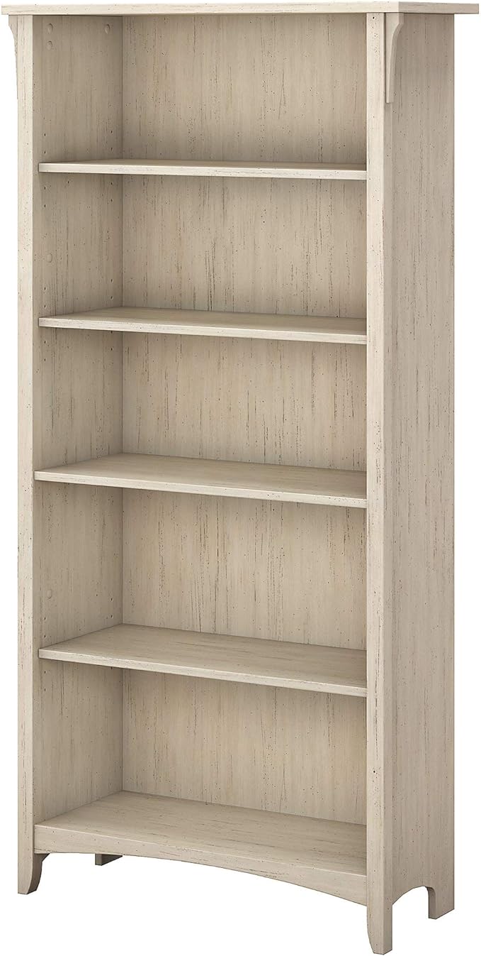 Tall 5 Shelf Bookcase in Antique White Distressed Style Modern Farmhouse Bookshelf