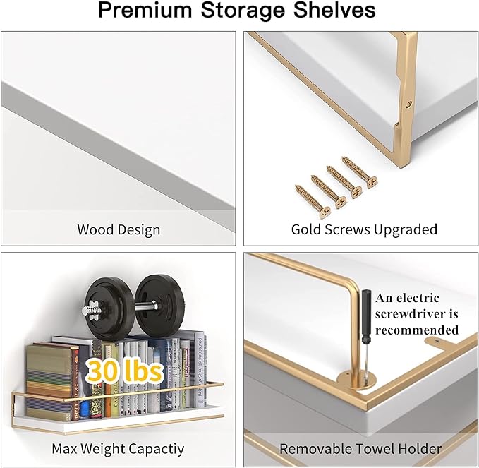 White Floating Shelves - Set of 2, Wall Mounted Hanging Shelves with Golden Towel Rack, Decorative Storage Shelves