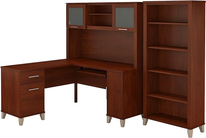 60W L Shaped Desk with Hutch and 5 Shelf Bookcase