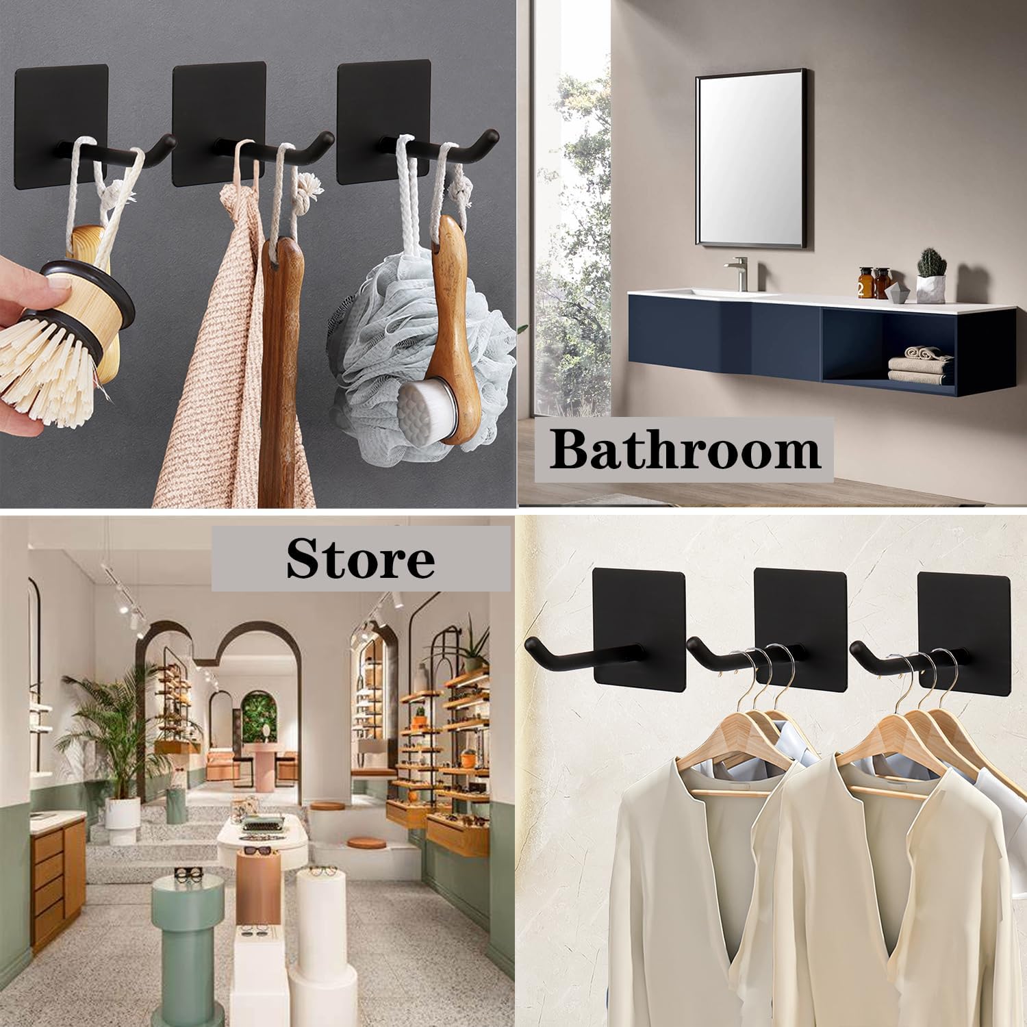 Bath Towel Hooks - 6 Pack Long Self Adhesive Coat/Clothes Hooks, No Drilling Strong Sticky Hooks, Heavy Duty 304 Stainless Steel Shower Wall Hook for Bathroom Kitchen Bedroom(Matte Black)