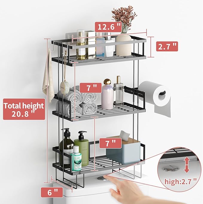 Bathroom Organizers and Storage, 3-Tier Bathroom Shelves, Over Toilet Storage with Paper Holder and 2 Hooks
