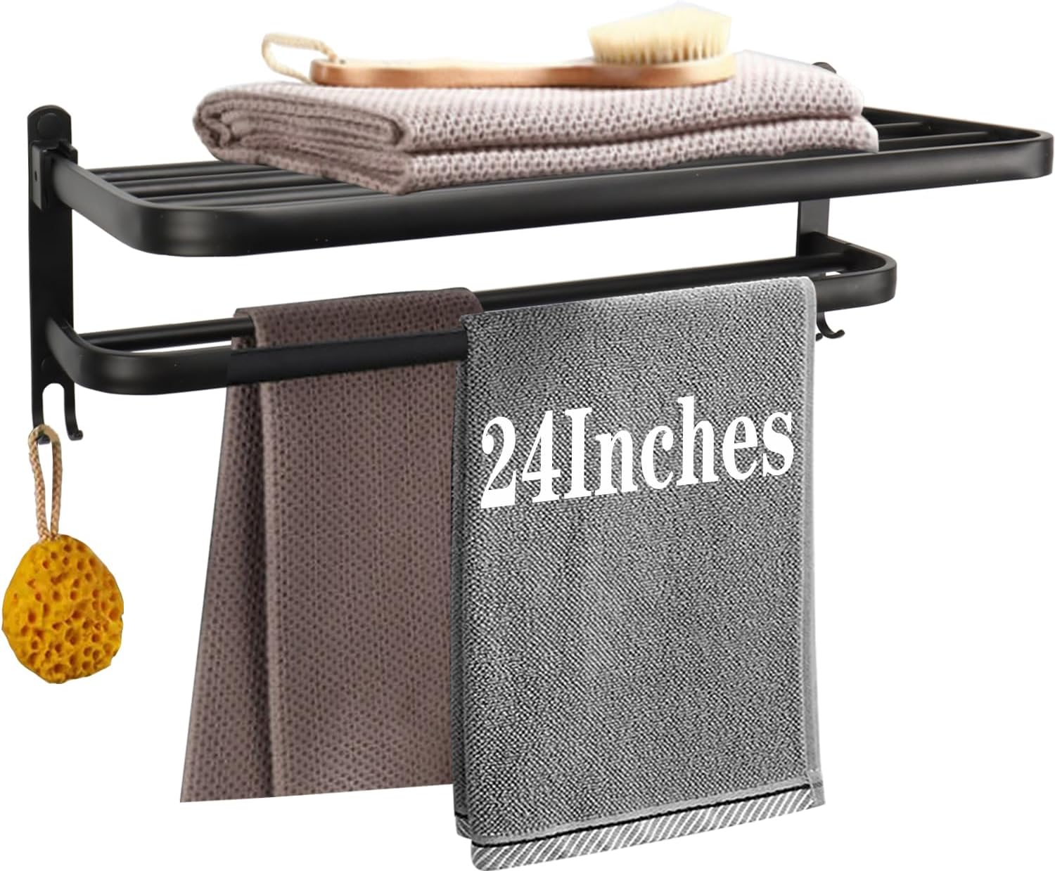 Towel Rack for Bathroom, Bath Towel Holder with Double Towel Bar and Foldable Towel Shelf, Rustproof Towel Organizer Wall Mounted Towel Storage Hanger (24In Black)