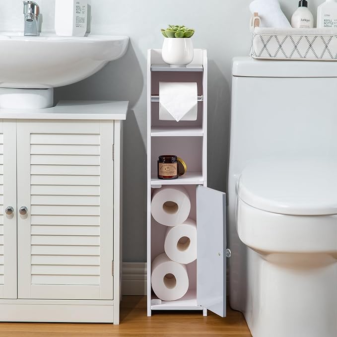 Toilet Paper Holder Stand: Small Bathroom Storage Cabinet - Light Grey - White